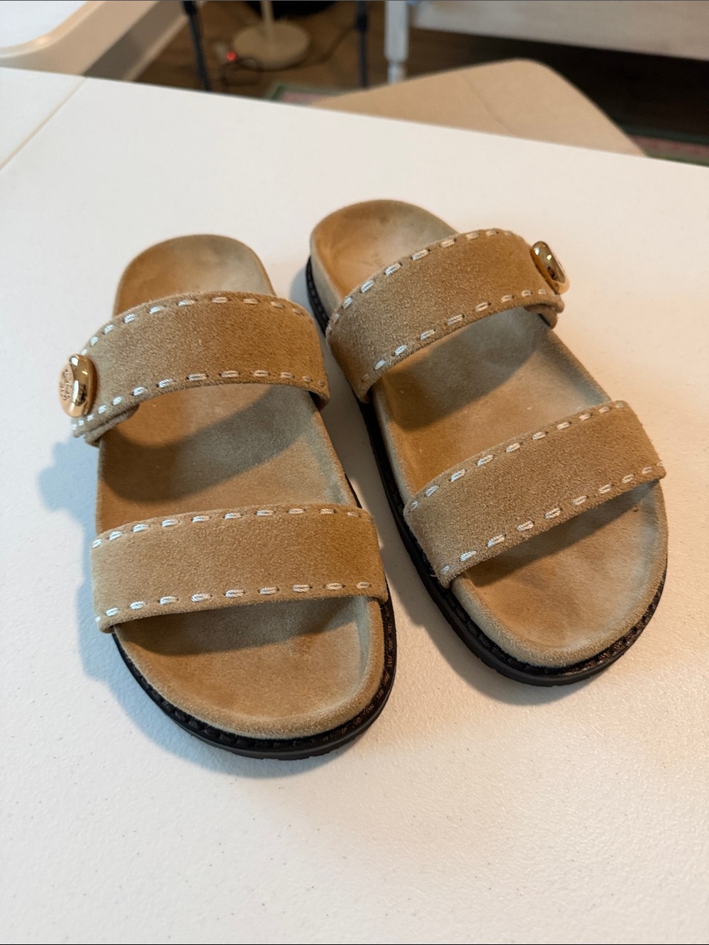 Tory Burch Tan Suede Double-Strap Slide Sandals